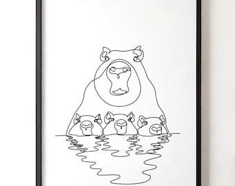 One Line Capybara Family Art | Minimal Warm Wall Decor