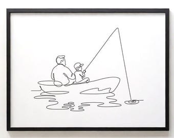 Father and Son Fishing One Line Art | Minimalist Boat Wall Art | Digital Download Lake House Decor