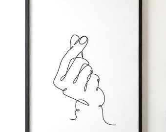 Op de afbeelding: Een zwart-witte lijntekening van een hand die het Koreaanse hartteken maakt, ook wel bekend als het mini-hart.