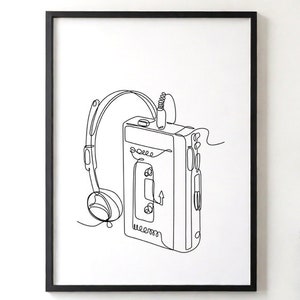 Walkman Old School Line Art, Cassette Player, 1980&#39;s, Minimalist Art, One Line Drawing, Ventage, Retro, Printable Wall Art, Digital Download