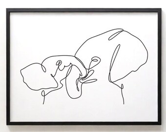 Elephant One Line Art – Mother and Baby Hug – Minimalist Digital Wall Art