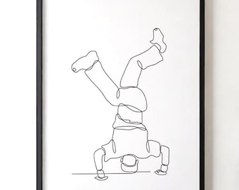 One Line Art B-Boy Headstand Freeze | Breakdance Wall Art