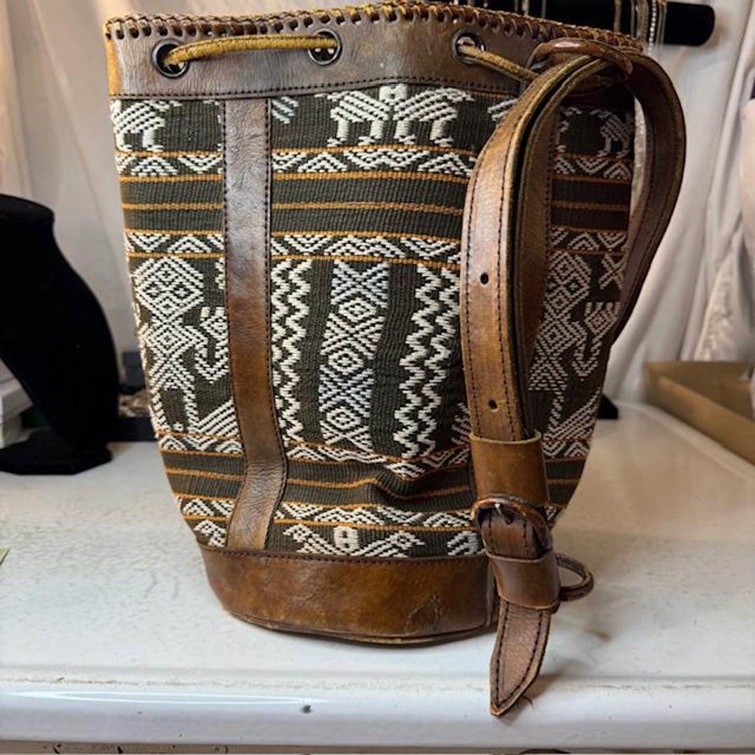 Vintage Woven Leather Bucket Bag With Aztec-inspired Pattern ...