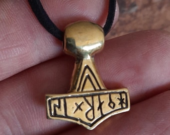 Brass Thor's Hammer Necklace: Viking Mjolnir Amulet with Runic Inscription