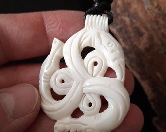 Viking Pendant of Wolf, Raven and Boar - Snake witch stone, Gotland inspired bone amulet...