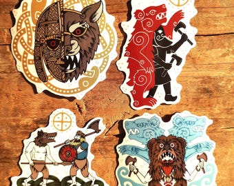 Nordic Viking Berserker Vinyl Sticker Pack – Wolf & Bear Warrior Designs