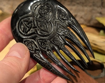 Norse Bearspaw Beard Comb – Hand-Carved Black Buffalo Horn | Viking Symbol Grooming Tool & Talisman