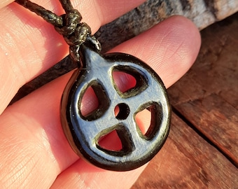 Hand-Carved Odin Cross Amulet – Viking Solar Talisman of Strength and Heritage, Norse Pagan Jewelry in Black Buffalo Horn and Polished Bone