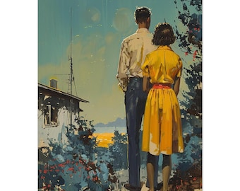 May include: An artistic print depicts a couple standing outdoors, facing away from the viewer. The woman wears a yellow dress with a red belt, and the man wears a white shirt and dark pants. A house and foliage are in the background, with a bright sky.