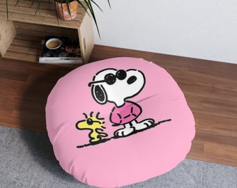 Adorable coussin de sol capitonné Snoopy rose, rond