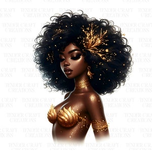 K&ouml;nnte beinhalten: Eine digitale Illustration einer Frau mit dunkler Haut und langen, lockigen schwarzen Haaren. Sie tr&auml;gt ein goldenes Oberteil in Muschelform und eine goldene Halskette. Ihre Haare sind mit goldenem Glitzer verziert.