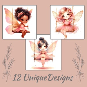 Może przedstawiać: Trzy ilustracje wróżek z skrzydłami, każda siedząca na huśtawce. Wróżki są ubrane w różowe sukienki i mają długie włosy. Tło jest białe.