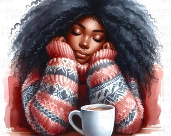 May include: A woman with long, curly black hair is wearing a pink and white patterned sweater. She is resting her head on her hands and looking down at a white mug with a brown liquid inside. The mug is sitting on a wooden table.