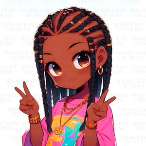 9 つの黒いアニメの女の子のクリップアート、高品質の JPEG、印刷可能な水彩画、デジタル ダウンロード、ペーパー クラフト、ウォール アート、スクラップ ブック、ジャーナリング