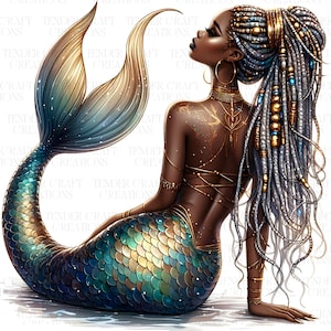 14 clipart di sirena nera, JPEG di alta qualità, acquerello stampabile, download digitale, artigianato di carta, arte murale, scrapbooking, diario