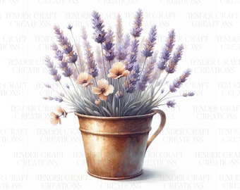 May include: A bouquet of lavender flowers with a few light orange flowers in a copper pot. The pot has a handle on the right side.