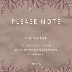 K&ouml;nnte beinhalten: Ein Hinweis auf eine digitale Datei mit braunem Lederhintergrund und floralem Rand. Der Text lautet "PLEASE NOTE", "DIGITAL FILE", "This is a listing for a digitally downloadable file and no physical items will be delivered." und "Thank You".