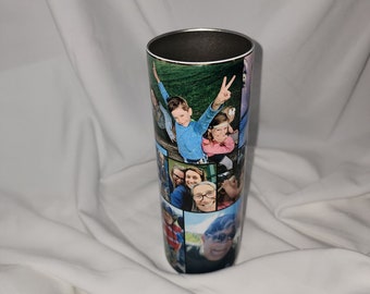 20 oz skinny insulated stainless steel photo collage tumbler with lid and straw.