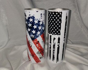 20oz Skinny insulated stainless steel flag tumbler with lid and straw.