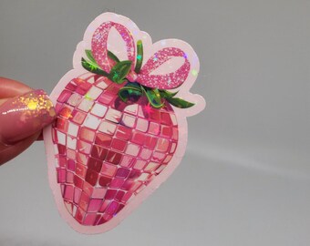 Disco Coquette sticker Disco strawberry sticker cherry holographic pink bow sticker soft girl gift Aesthetic strawberries sticker Pink disco
