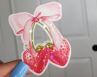 Coquette sticker strawberry sticker cherry sticker holographic pink bow sticker soft girl era Aesthetic ribbon decor strawberries sticker