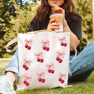 Coquette Tote bag Cherry Tote Bag Pink Bow tote Coquette cherry bag Soft girl aesthetic Cherries bag Coquette gifts for her Cherry lover