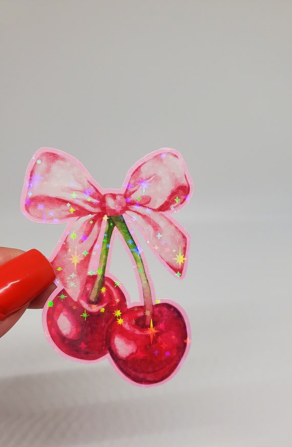 Coquette sticker Cherry sticker holographic pink bow sticker soft girl era Aesthetic ribbon decor cherries sticker coquette gifts for her