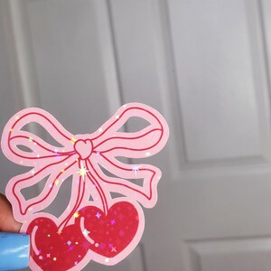 Coquette sticker Cherry sticker holographic pink bow sticker soft girl era Aesthetic ribbon decor cherries sticker coquette gifts for her image 3