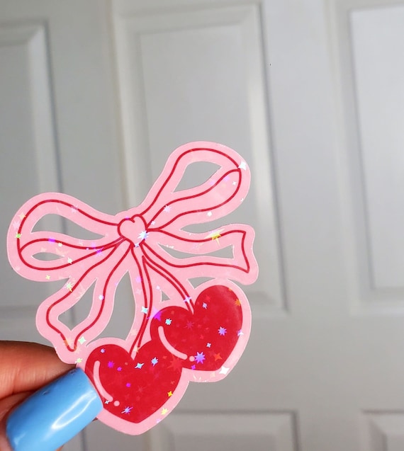 Coquette sticker Cherry sticker holographic pink bow sticker soft girl era Aesthetic ribbon decor cherries sticker coquette gifts for her