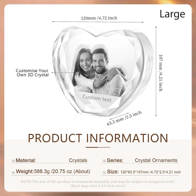May include: A large, clear crystal heart ornament with a photo of a couple inside. The ornament is 4.72 inches wide, 4.21 inches tall, and 2.5 inches deep. The text "Custom text" is engraved on the bottom of the heart. The ornament is part of a series of crystal ornaments.