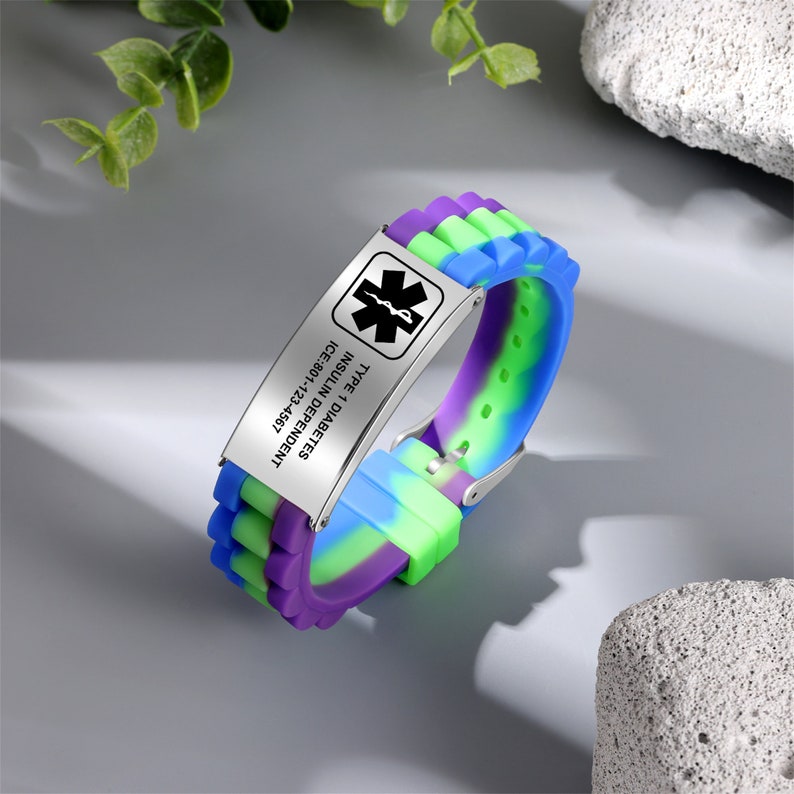 Adjustable Dopamine Color Medical Alert Bracelet for Kids Emergency ID & Medical Bracelet for Families ICE, Epilepsy, Diabetes, Autism silver(f2)