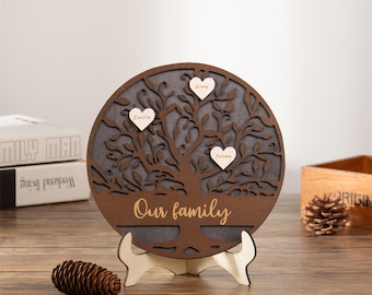 Personalised 2-6 Names Family Tree Hanging Heart 3D Decoration,Wooden Family Genealogy Daily Ornaments,Desktop Furnishing Articles w Stand