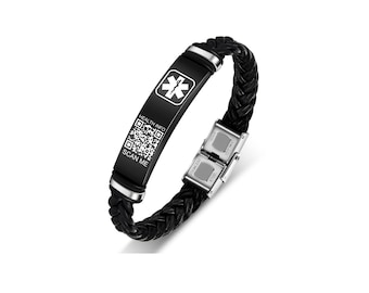 Personalized Waterproof Herringbone OR Medical Alert Bracelet - Stainless Steel ID Jewelry with Leather Strap - Emergency Information