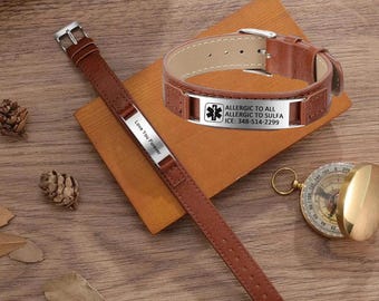 Adjustable Leather Medical Alert Bracelet,Custom ID Bracelet,Mens id bracelet ,Allergy Bracelet,Health Bracelet,Bracelets for Patients
