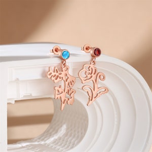 Custom earrings with birthflower ,birthday gift ,Birthflower Earrings with Birthstone, Birthstone Earrings, Birthflower Earrings, Birthstone
