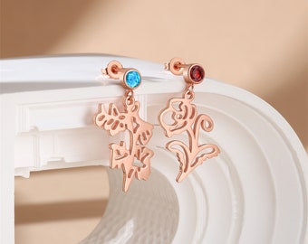 Custom earrings with birthflower ,birthday gift ,Birthflower Earrings with Birthstone, Birthstone Earrings, Birthflower Earrings, Birthstone
