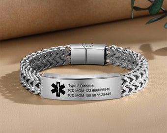 Custom Engraved Stainless Steel Medical ID Bracelet - Waterproof Herringbone Emergency Alert Jewelry for Men, Women -  Medical Information