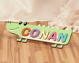 Customizable Crocodile Puzzle for Baby Girl and Boy: Montessori Wooden Toy with Personalized Names.