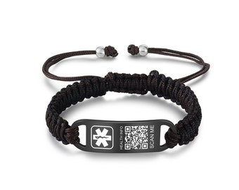 Custom Waterproof Braided Rope QR Medical ID Bracelet - Adjustable Stainless Steel Alert Jewelry for Men, Women - Medical Information