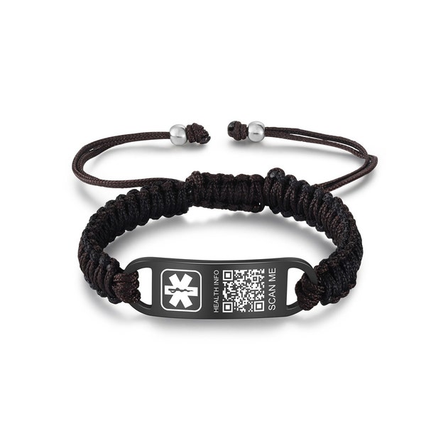 Custom Waterproof Braided Rope QR Medical ID Bracelet - Adjustable Stainless Steel Alert Jewelry for Men, Women - Medical Information