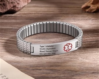 Personalized Engraved Waterproof Medical Alert ID Bracelet for Men, Stylish Modern ICE Information Sos Bracelet, Gift for Him