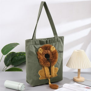 Bolso de mano personalizado para mascotas, bolso de uso general diario, bolso de hombro de lona para mascotas, lindo bolso de hombro de lona para mascotas con forma de león, nombre personalizado