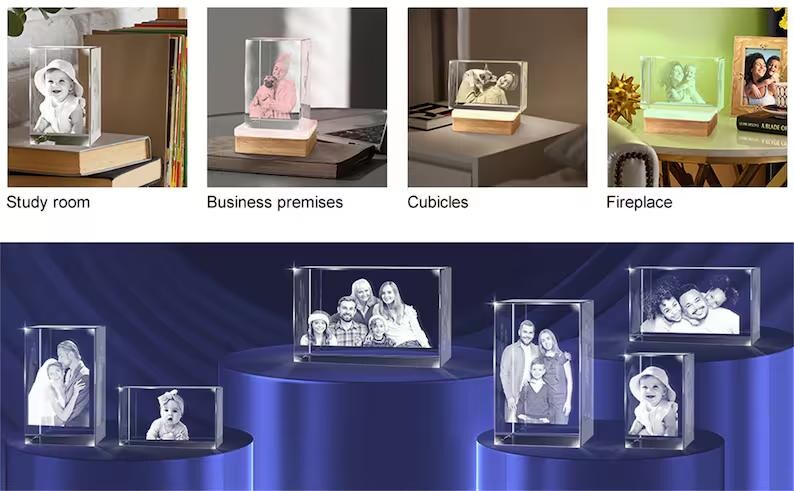 May include: A collection of 3D crystal photo frames with different images inside. The frames are illuminated from the bottom, creating a glowing effect. The frames are displayed on various surfaces, including books, tables, and a fireplace mantle.