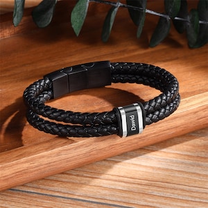Regalo personalizado para hombre, pulsera de cuero, pulsera con placa de nombre, pulsera de cuentas con nombre 1-5 personalizada para hombre, regalos para el día del padre, regalos para papá