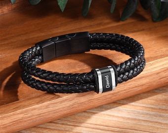 Personalized Men's Gift,Leather Bracelet,Name Plate Bracelet,Custom 1-5 Name Bead Bracelet for Men, Father's Day Gifts, Gifts for Dad
