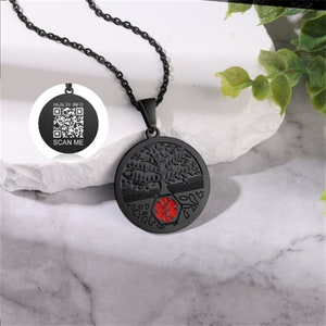 Collier d'alerte médicale avec code QR personnalisé pour homme, cadeau idéal pour les personnes allergiques, diabétiques, épileptiques, autistes, carte d'identité médicale Arbre de vie et bijoux élégants