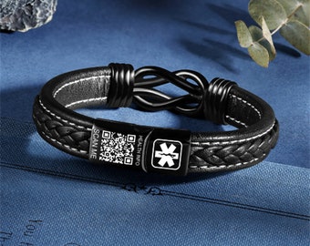 Custom Infinity Knot Leather Medical Alert Bracelet with QR Code for Autism, Allergy, and Epilepsy Awareness, ICE Health Bracelet for men