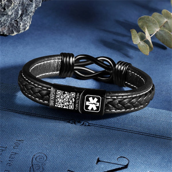 Custom Infinity Knot Leather Medical Alert Bracelet with QR Code for Autism, Allergy, and Epilepsy Awareness, ICE Health Bracelet for men