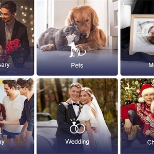 May include: A collage of images showcasing different occasions for photo prints. The images include a couple celebrating an anniversary, pets cuddling, a memorial with a candle, a birthday party with a cake, a wedding couple, and a family celebrating Christmas.