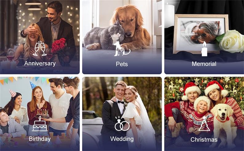 May include: A collage of images showcasing different occasions for photo prints. The images include a couple celebrating an anniversary, pets cuddling, a memorial with a candle, a birthday party with a cake, a wedding couple, and a family celebrating Christmas.